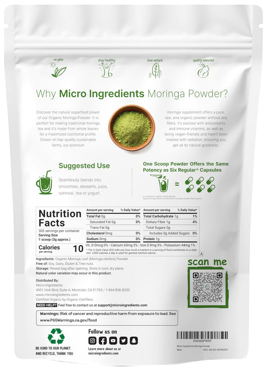 Moringa Oleifera Ecológica en Polvo 907g | Cultivada en India | Superalimento Vegano