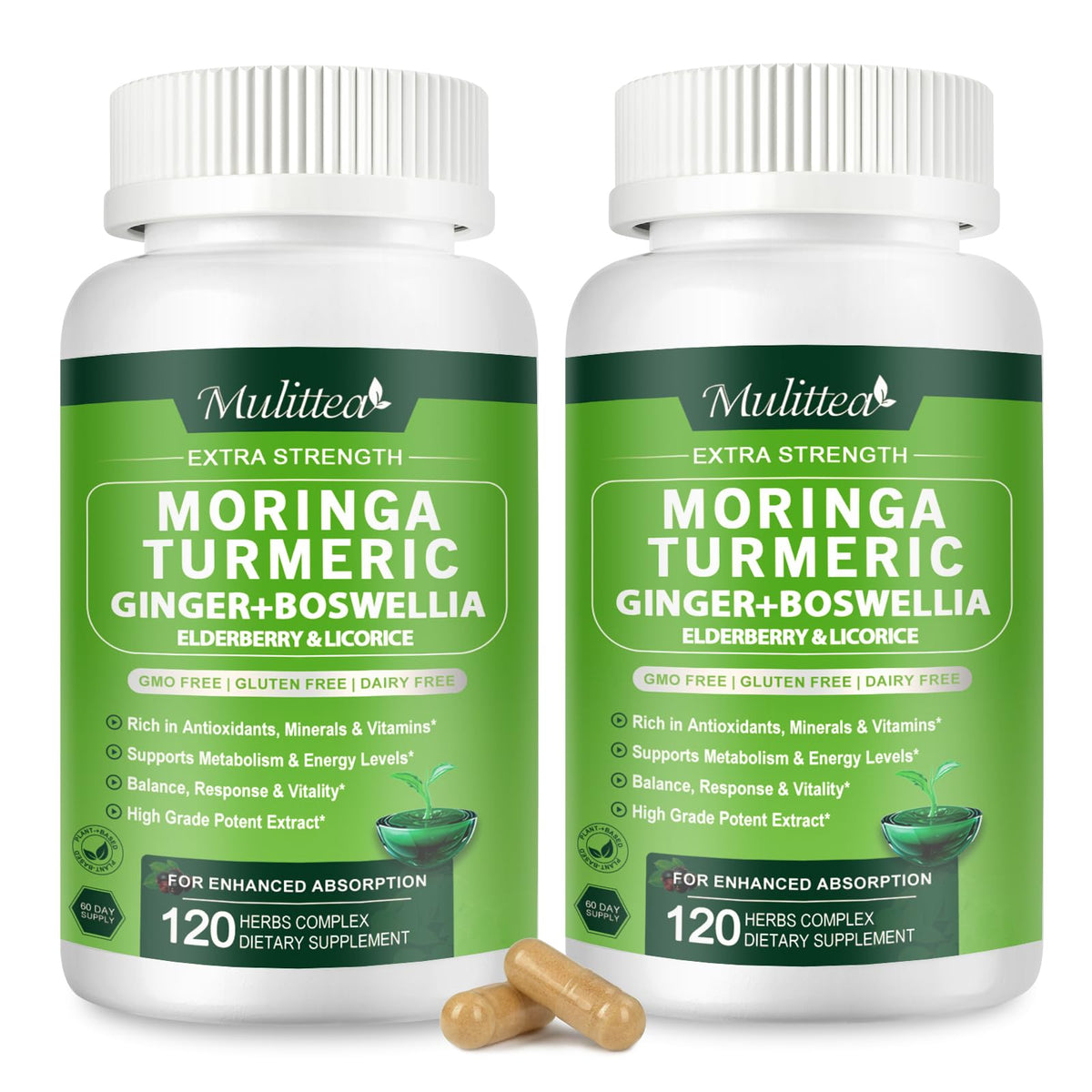 Mulittea Cápsulas de Moringa 1000mg 7-en-1 | Paquete de 2, 120 Cápsulas Veganas