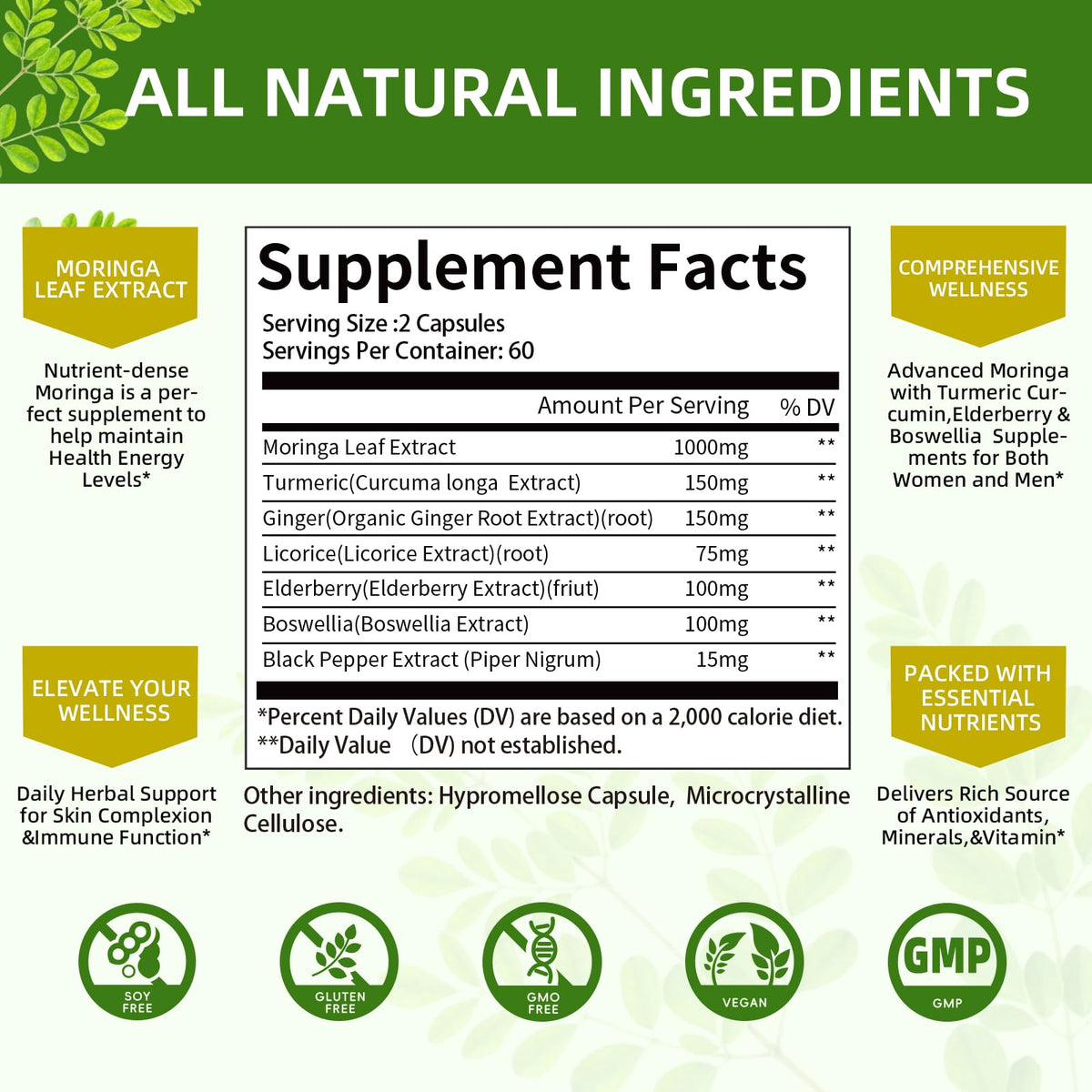 Mulittea Cápsulas de Moringa 1000mg 7-en-1 | Paquete de 2, 120 Cápsulas Veganas