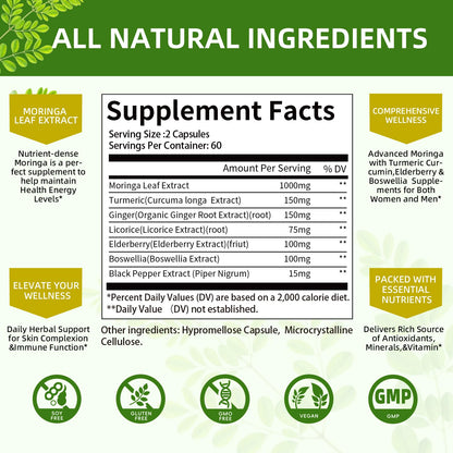 Mulittea Cápsulas de Moringa 1000mg 7-en-1 | Paquete de 2, 120 Cápsulas Veganas