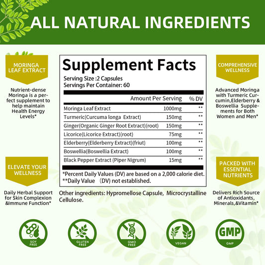 Mulittea Cápsulas de Moringa 1000mg 7-en-1 | Paquete de 2, 120 Cápsulas Veganas