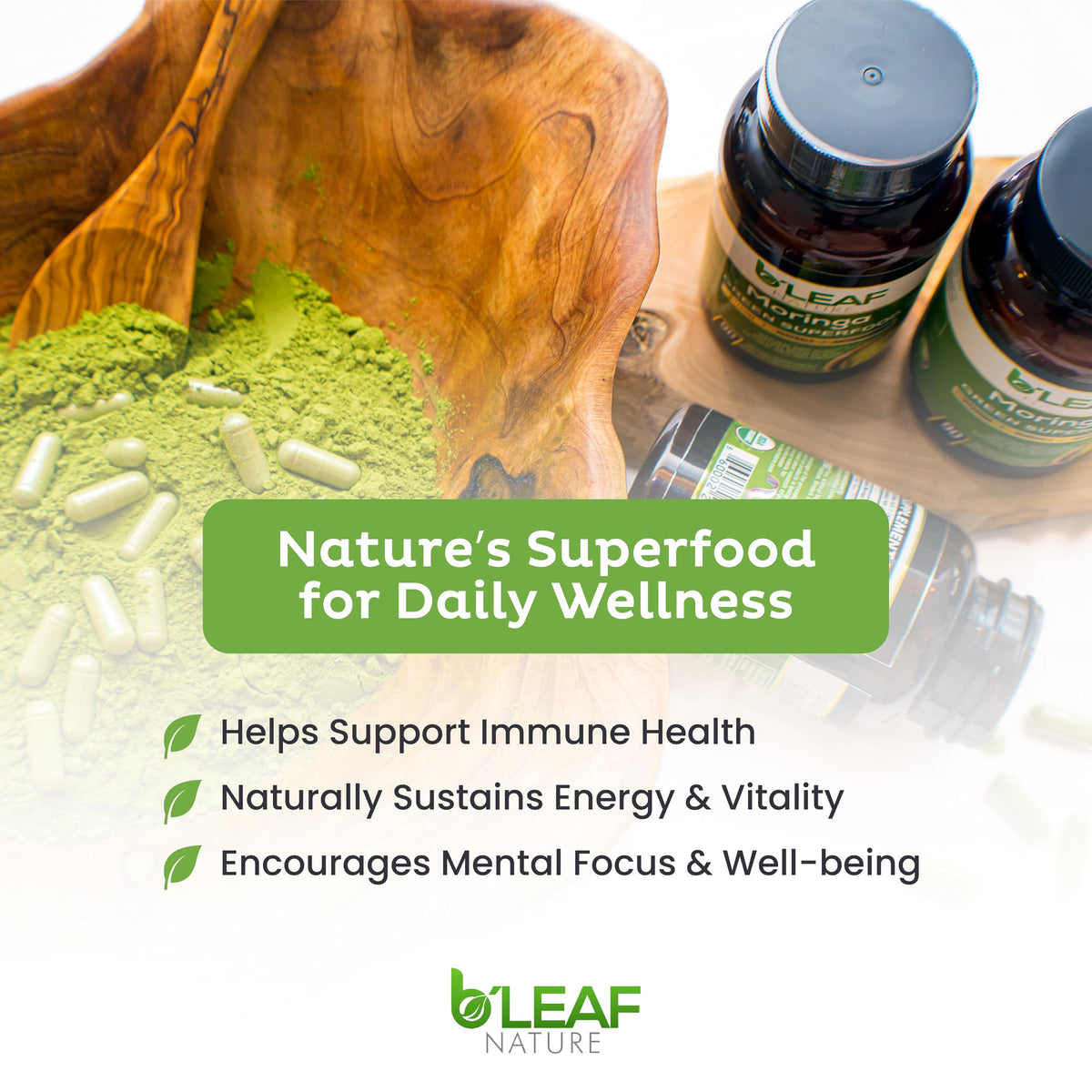 Cápsulas de moringa orgánica B'Leaf Nature 1000 mg | 180 cápsulas veganas sin OMG