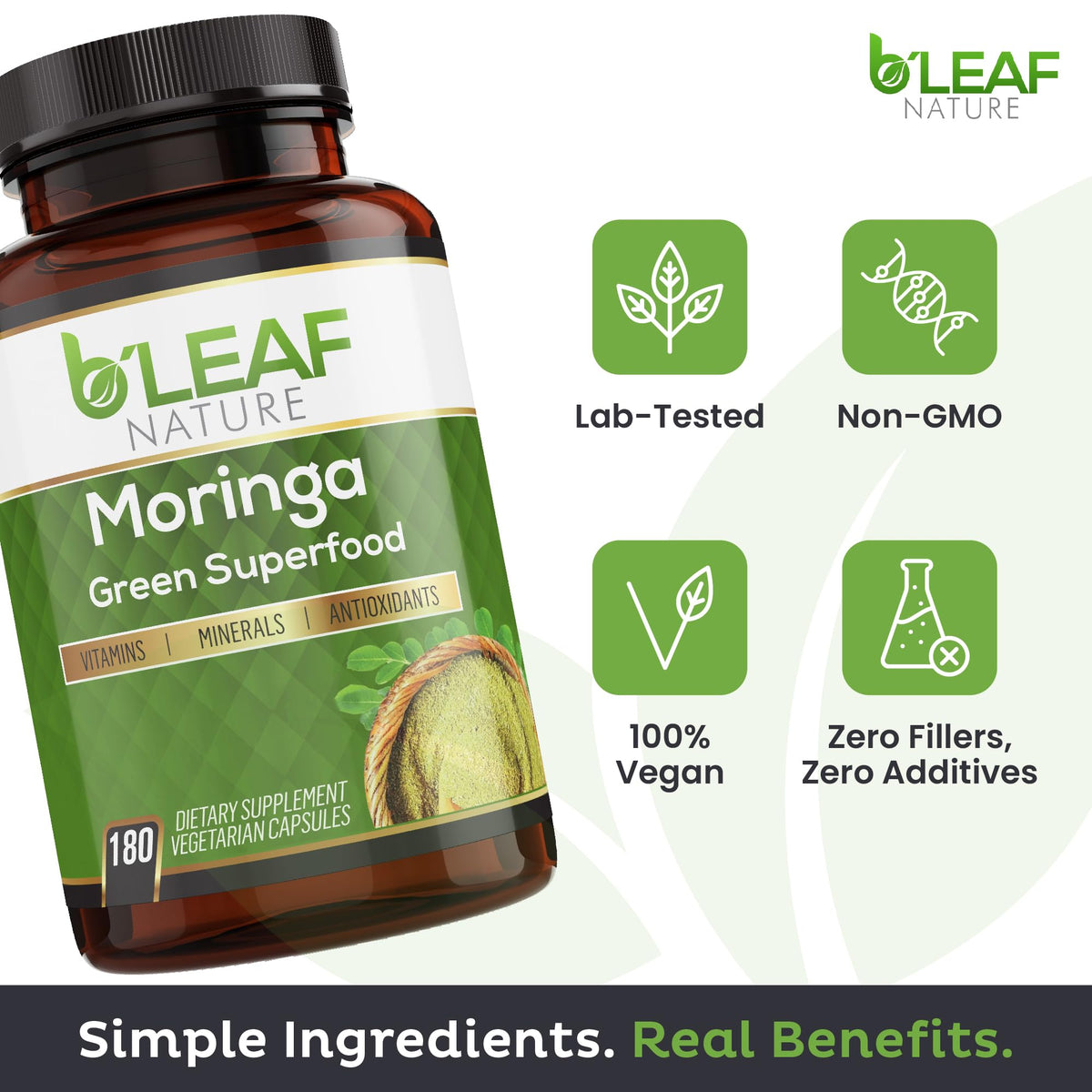 Cápsulas de moringa orgánica B'Leaf Nature 1000 mg | 180 cápsulas veganas sin OMG
