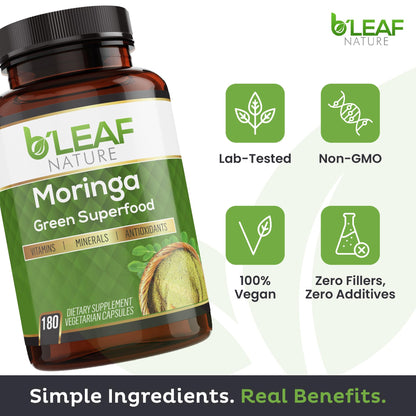 Cápsulas de moringa orgánica B'Leaf Nature 1000 mg | 180 cápsulas veganas sin OMG