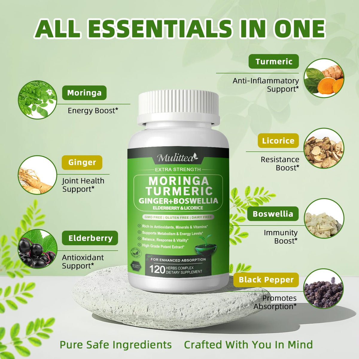 Mulittea Cápsulas de Moringa 1000mg 7-en-1 | Paquete de 2, 120 Cápsulas Veganas