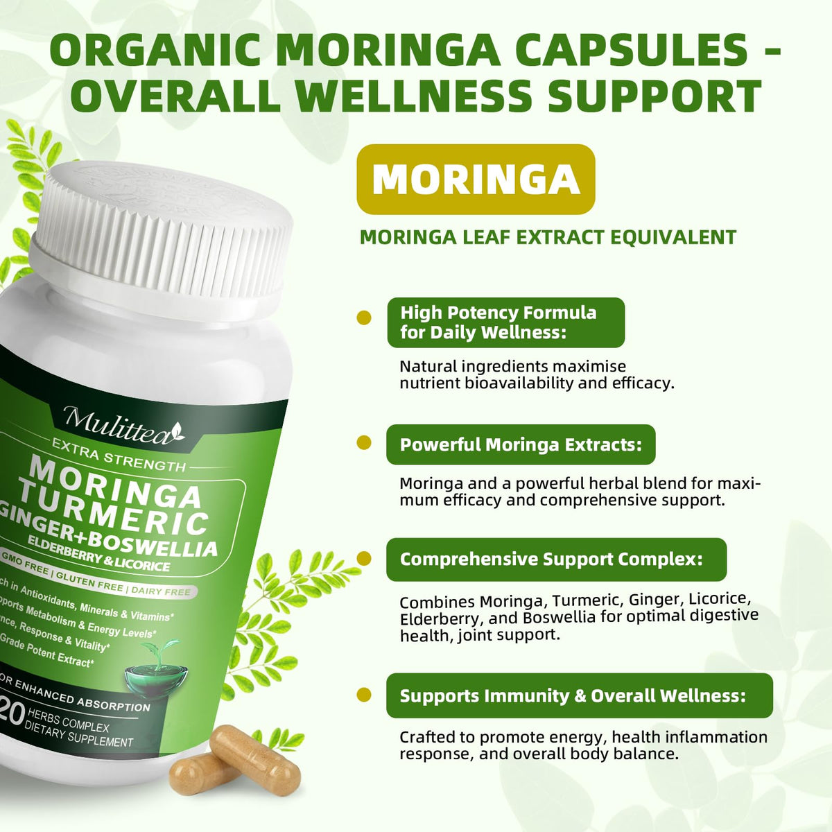 Mulittea Cápsulas de Moringa 1000mg 7-en-1 | Paquete de 2, 120 Cápsulas Veganas