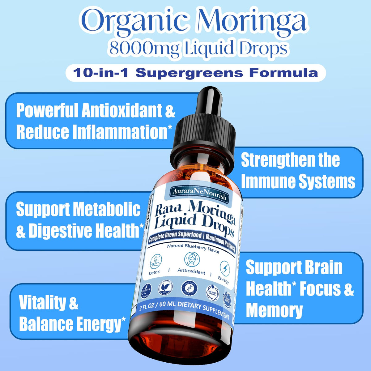 Moringa Pura Orgánica Gotas Líquidas Extracto 10:1 Paquete de 2