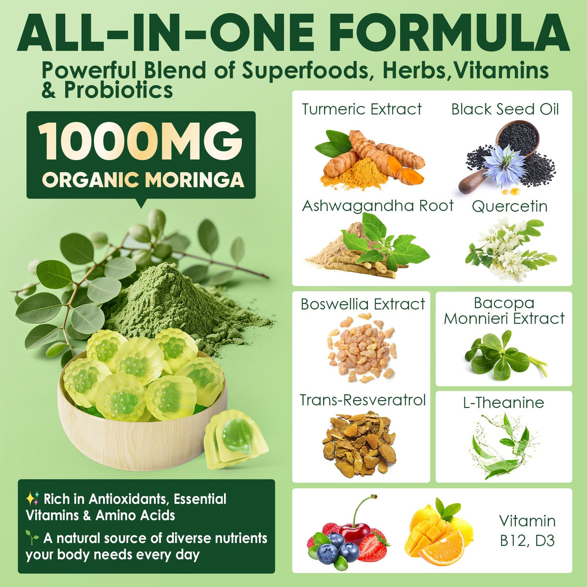 Moringa Gummies 1000mg Sugar-Free 13-in-1 | 60ct | USA Made