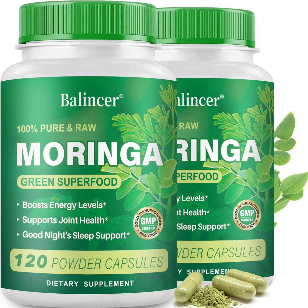 Two bottles of Balincer Moringa powder capsules on a white background