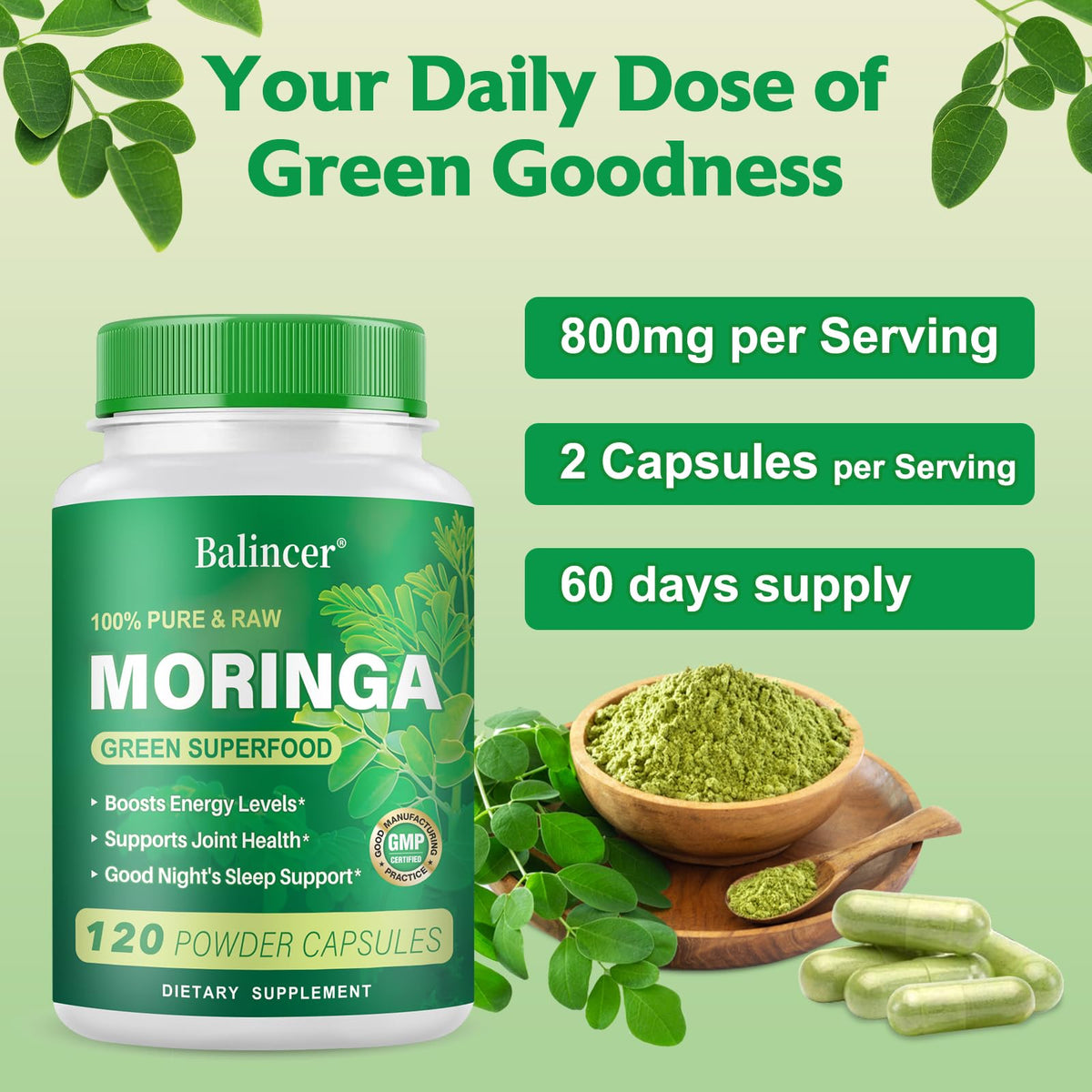 Balincer Cápsulas de Moringa en Polvo 800mg | 240 Cápsulas Veganas