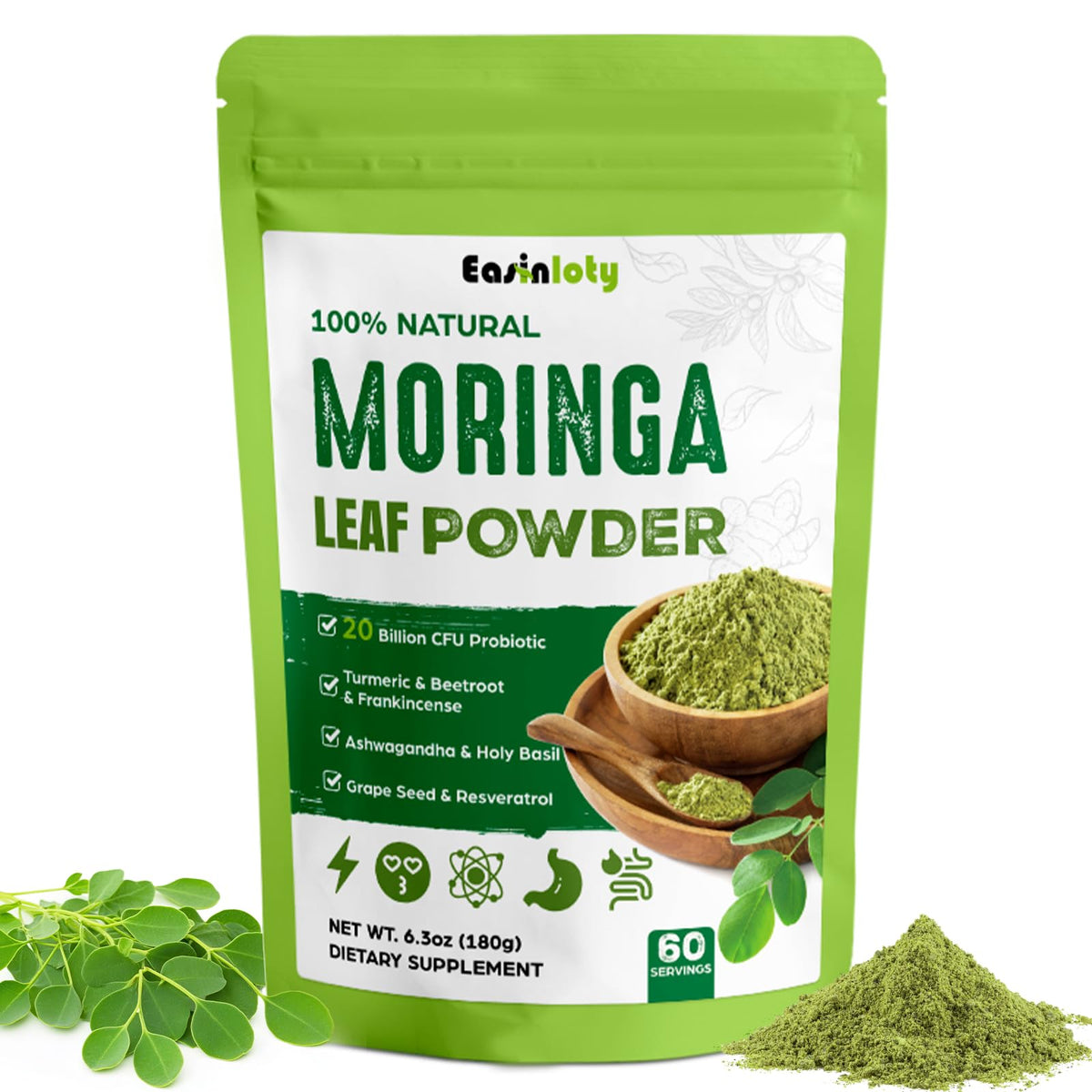 Moringa Orgánica en Polvo 2000mg Superalimento Verde 18 en 1 | 60 Porciones
