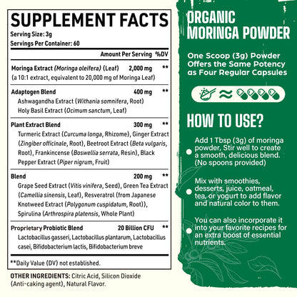 Moringa Orgánica en Polvo 2000mg Superalimento Verde 18 en 1 | 60 Porciones
