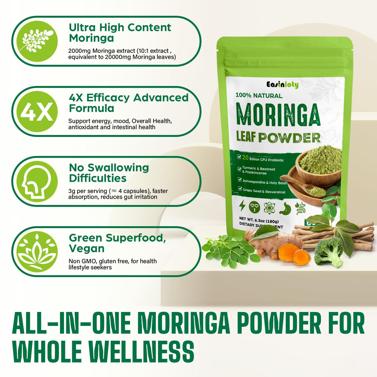 Moringa Orgánica en Polvo 2000mg Superalimento Verde 18 en 1 | 60 Porciones