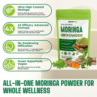 Moringa Orgánica en Polvo 2000mg Superalimento Verde 18 en 1 | 60 Porciones