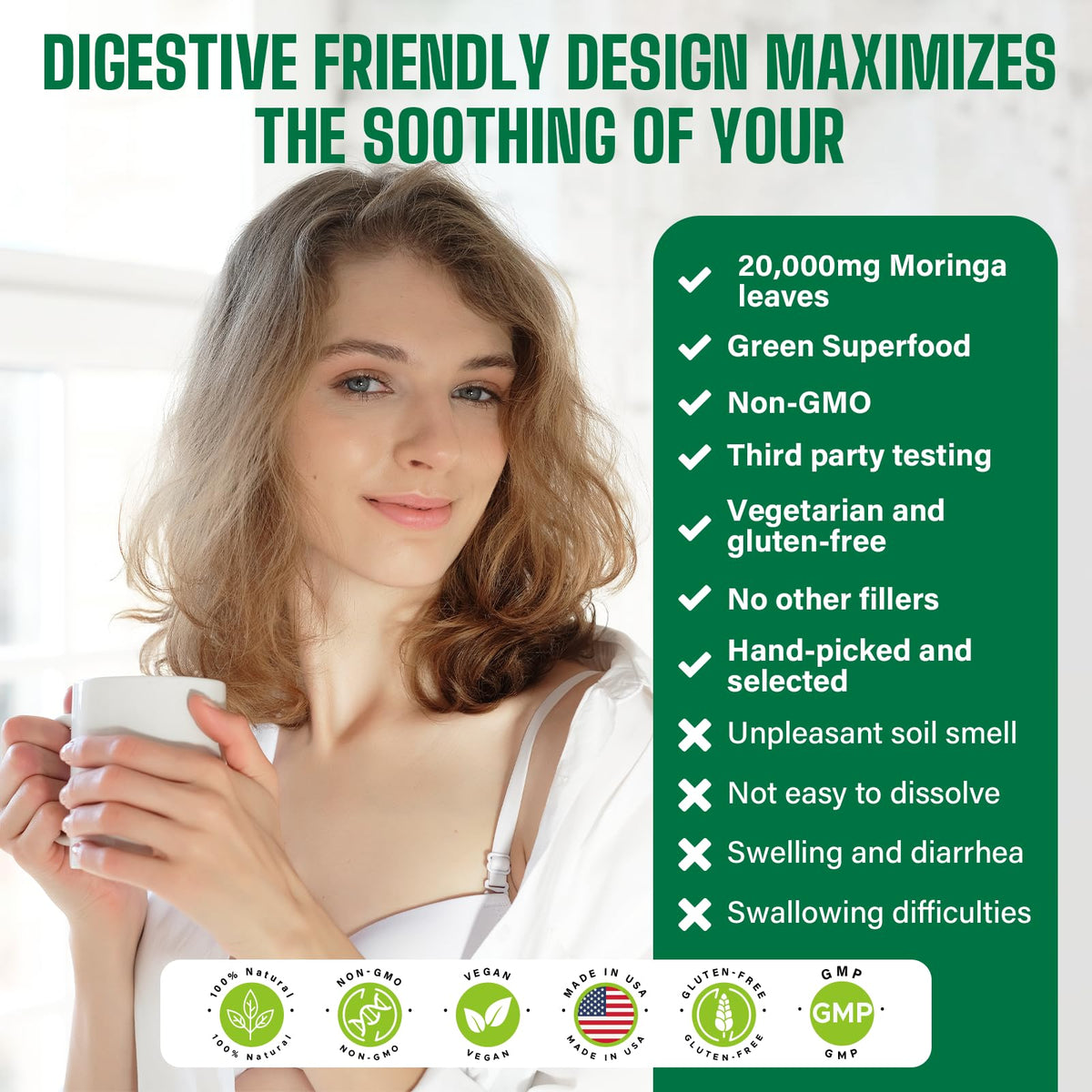 Moringa Orgánica en Polvo 2000mg Superalimento Verde 18 en 1 | 60 Porciones
