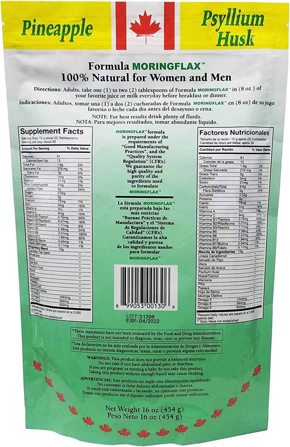 Moringflax Semilla de lino natural con Garcinia y Moringa 16oz Paquete de 2