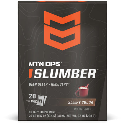 Box of MTN OPS Slumber Sleepy Cocoa supplement on a white background