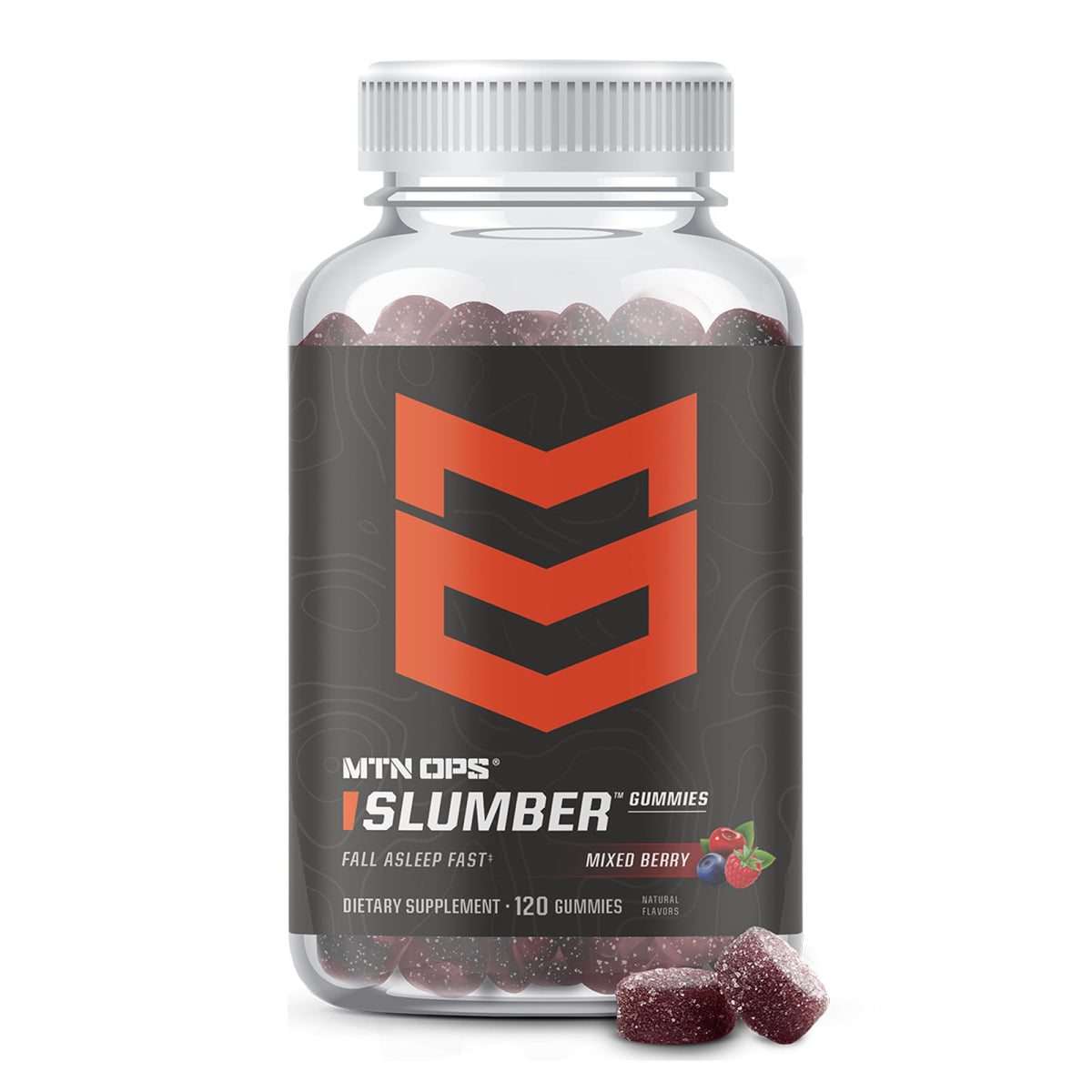 Bottle of MTN OPS Slumber Gummies with a white background