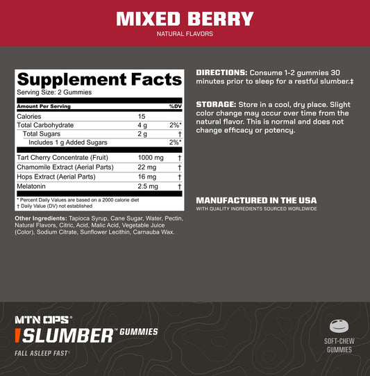 MTN OPS Slumber Sleep Gummies – Cereza Ácida 1000mg y Melatonina 2.5mg | Bayas Mixtas | 60 Porciones