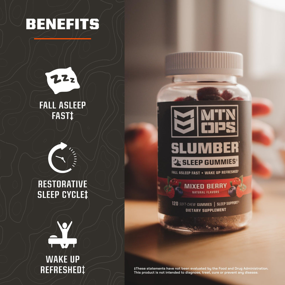 MTN OPS Slumber Sleep Gummies – Cereza Ácida 1000mg y Melatonina 2.5mg | Bayas Mixtas | 60 Porciones