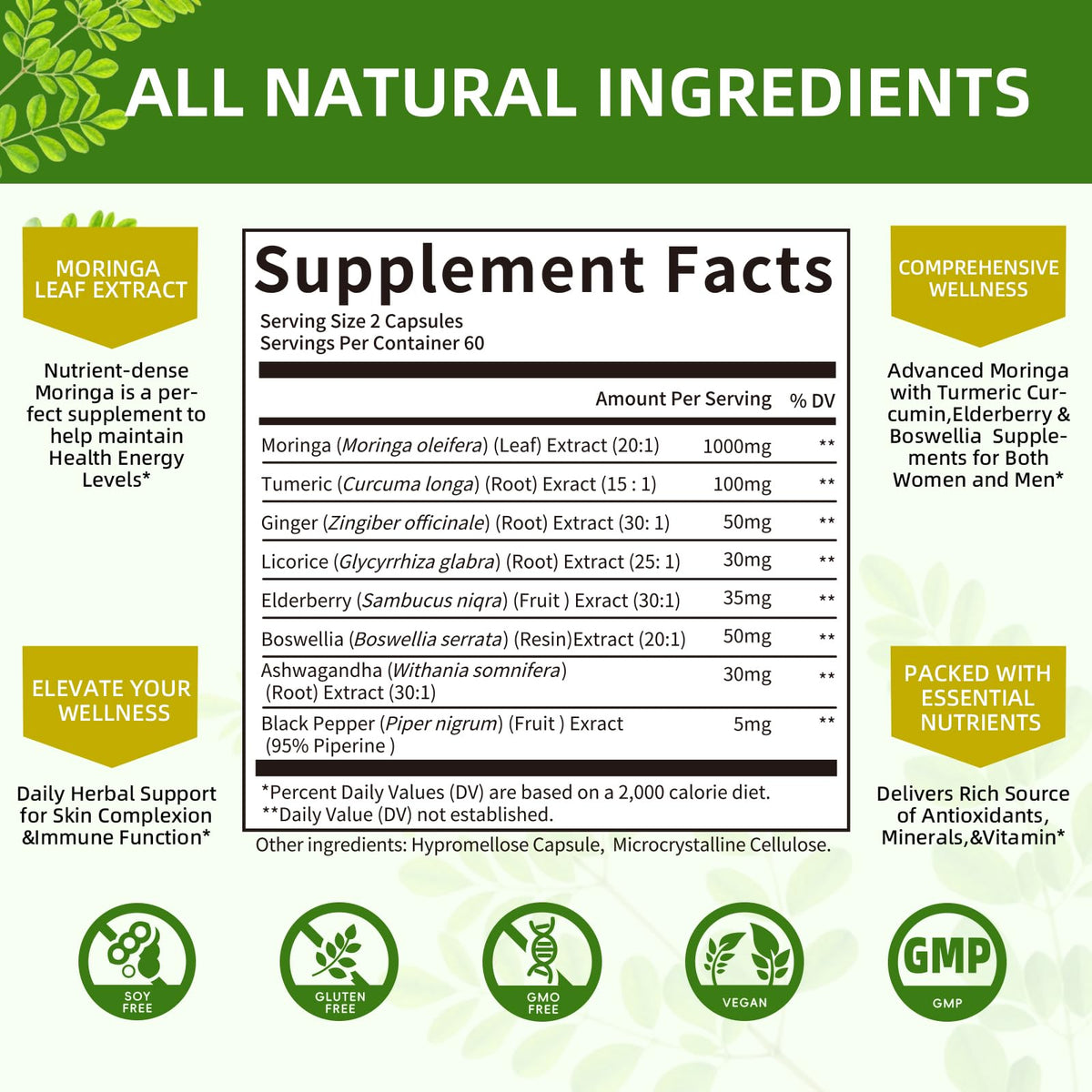 Mulittea Cápsulas de Moringa 1000mg 7-en-1 | Paquete de 2, 120 Cápsulas Veganas