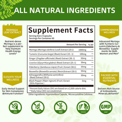 Mulittea Cápsulas de Moringa 1000mg 7-en-1 | Paquete de 2, 120 Cápsulas Veganas