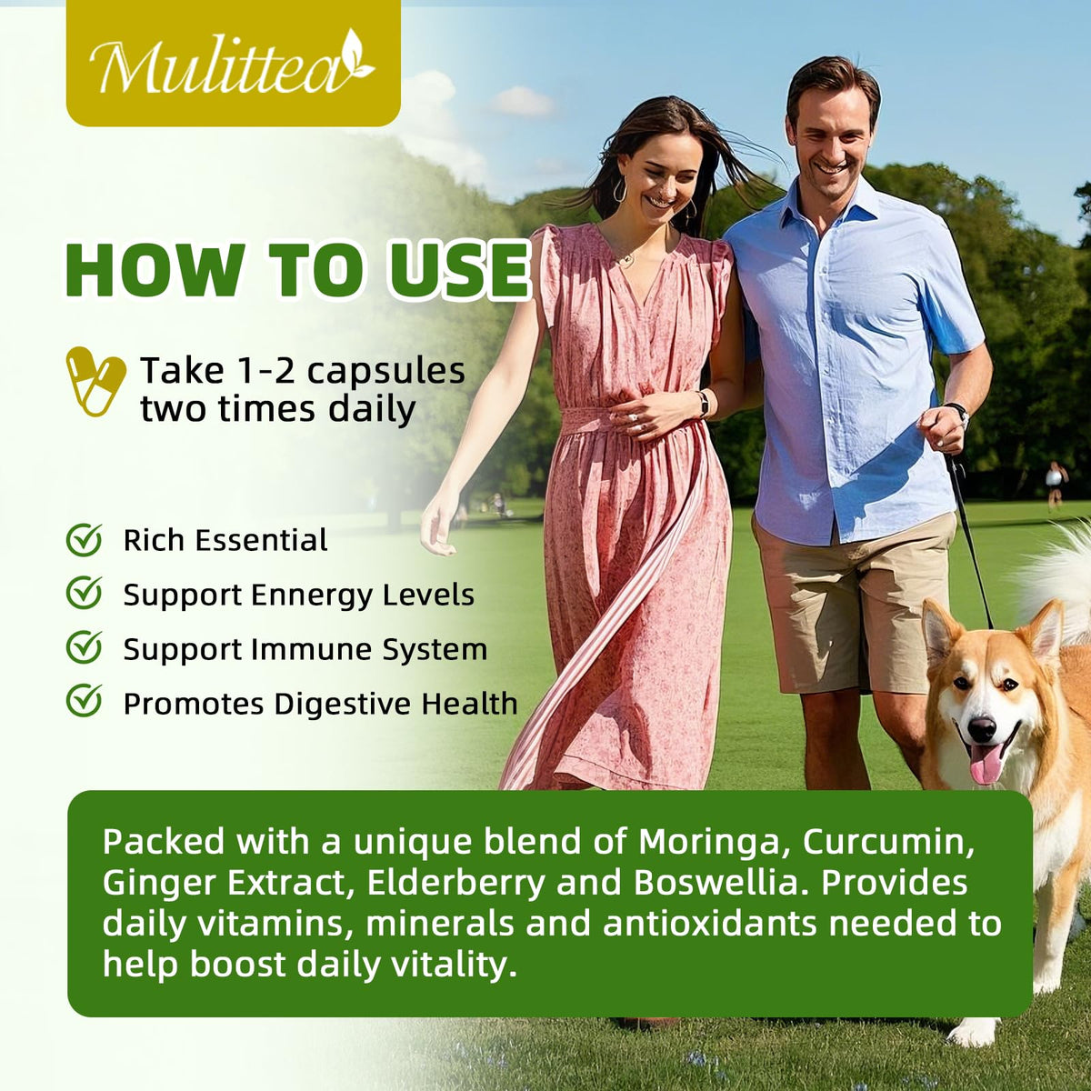 Mulittea Cápsulas de Moringa 1000mg 7-en-1 | Paquete de 2, 120 Cápsulas Veganas