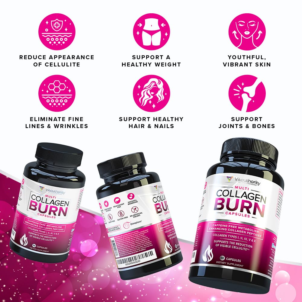Vitauthority Multi Collagen Burn – 5 Tipos, Ácido Hialurónico, Vitamina C | Cápsulas sin cafeína
