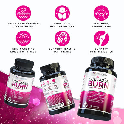 Vitauthority Multi Collagen Burn – 5 Tipos, Ácido Hialurónico, Vitamina C | Cápsulas sin cafeína