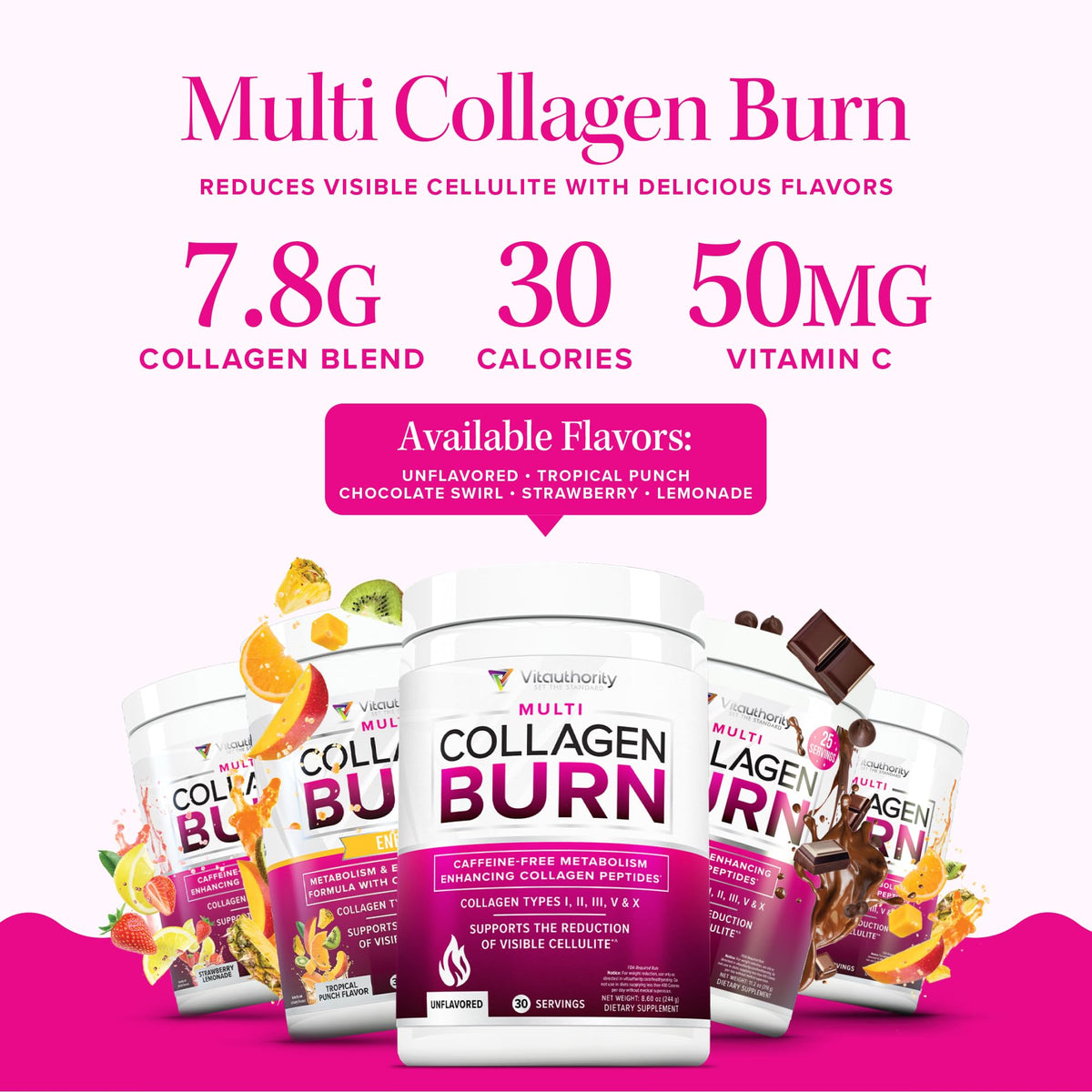 Vitauthority Multi Collagen Burn – 5 Tipos, Ácido Hialurónico, Vitamina C | Cápsulas sin cafeína