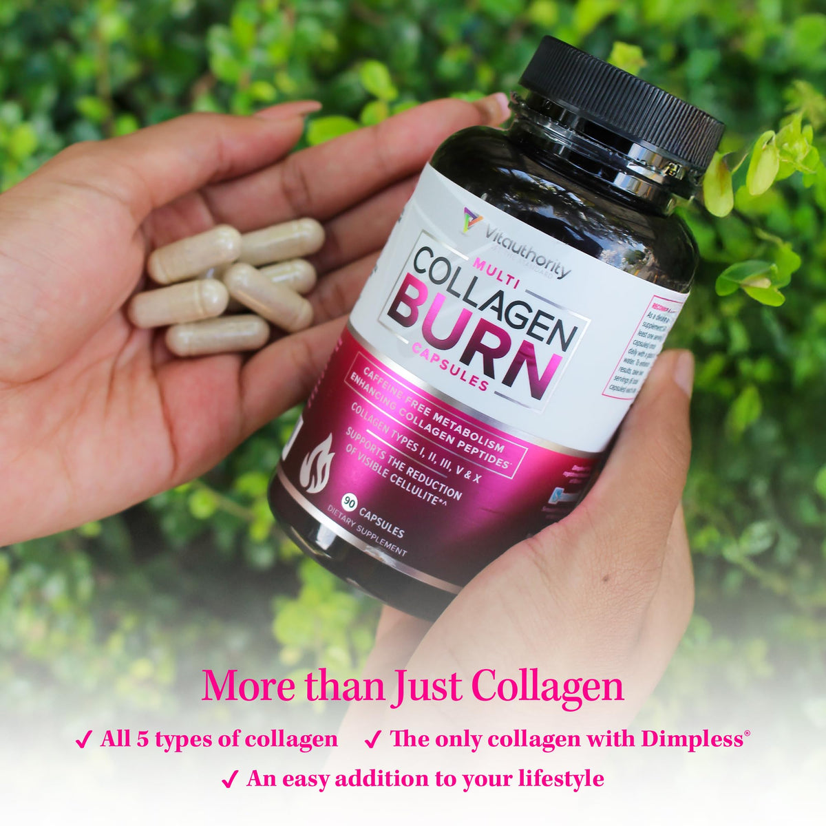 Vitauthority Multi Collagen Burn – 5 Tipos, Ácido Hialurónico, Vitamina C | Cápsulas sin cafeína