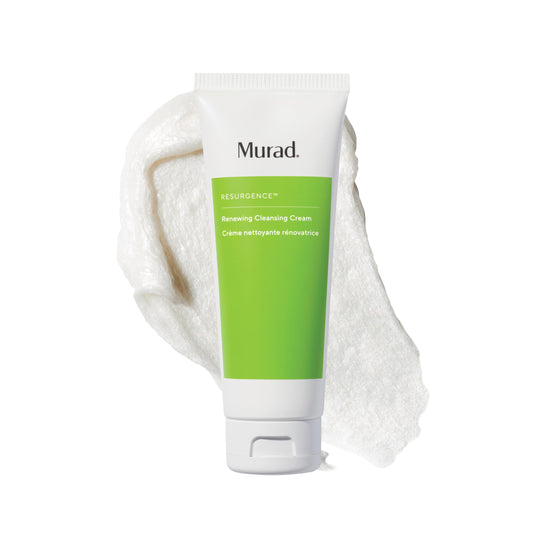 Tube of Murad Renewing Cleansing Cream with a white towel on a white background