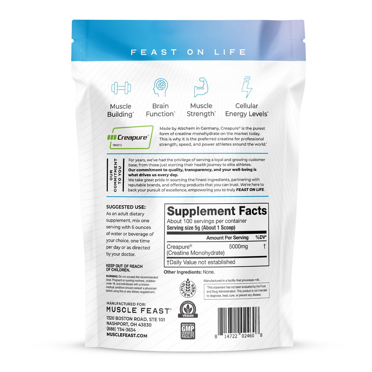 Muscle Feast Creapure Creatine Monohydrate – Unflavored 500g - Calm Era