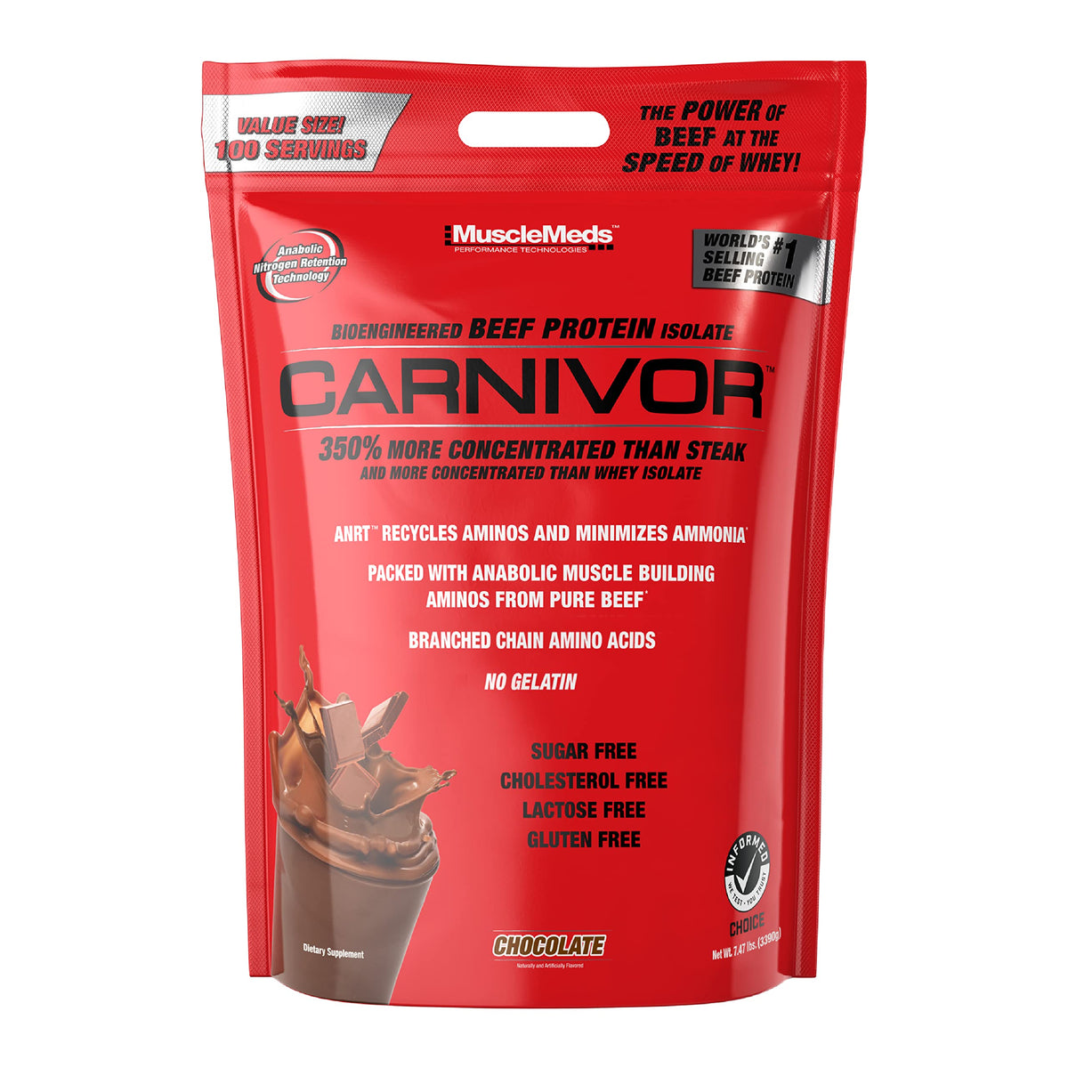 Red package of MuscleMeds Carnivor protein powder on a white background