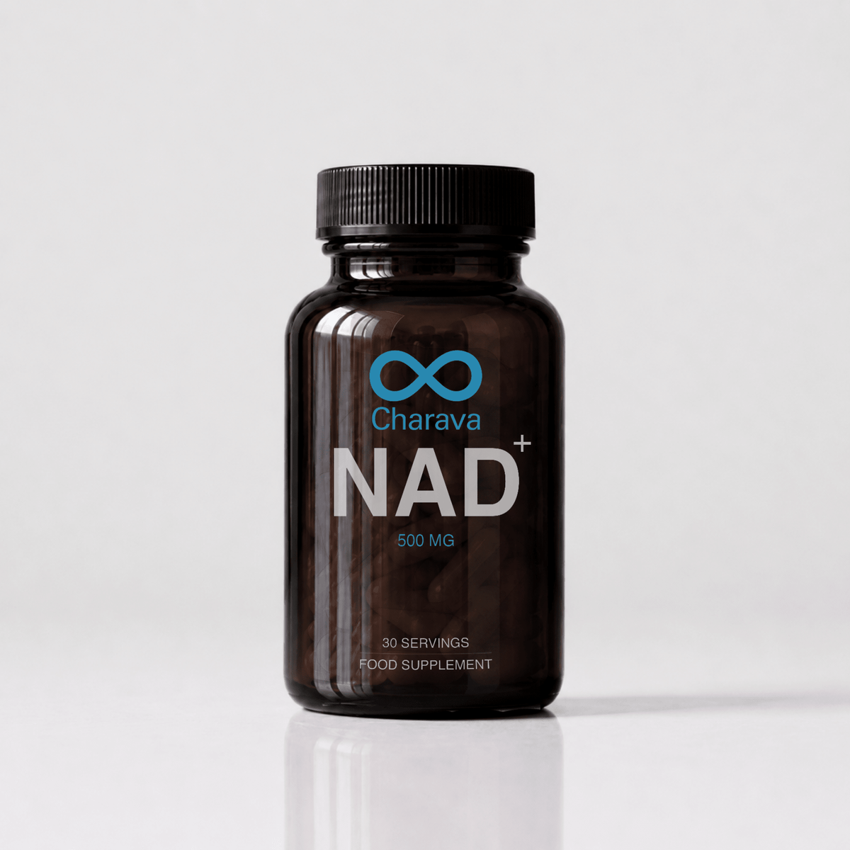 A dark amber brown bottle of Charava NAD+ 600 MG food supplement with a black ribbed cap, set against a clean light gray background with a soft reflection.