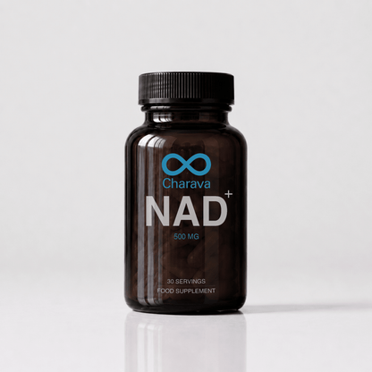 A dark amber brown bottle of Charava NAD+ 600 MG food supplement with a black ribbed cap, set against a clean light gray background with a soft reflection.