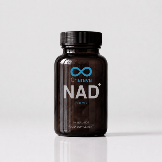 A dark amber brown bottle of Charava NAD+ 600 MG food supplement with a black ribbed cap, set against a clean light gray background with a soft reflection.