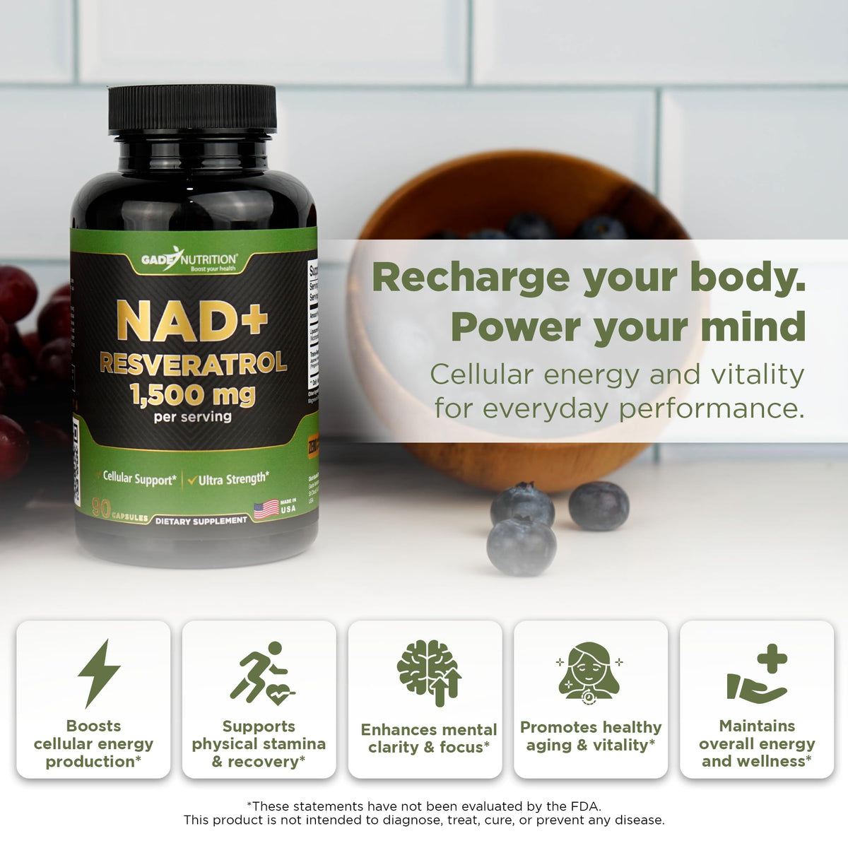 Gade Nutrition NAD+ con Resveratrol – Envejecimiento saludable y antioxidante | Hecho en EE. UU.
