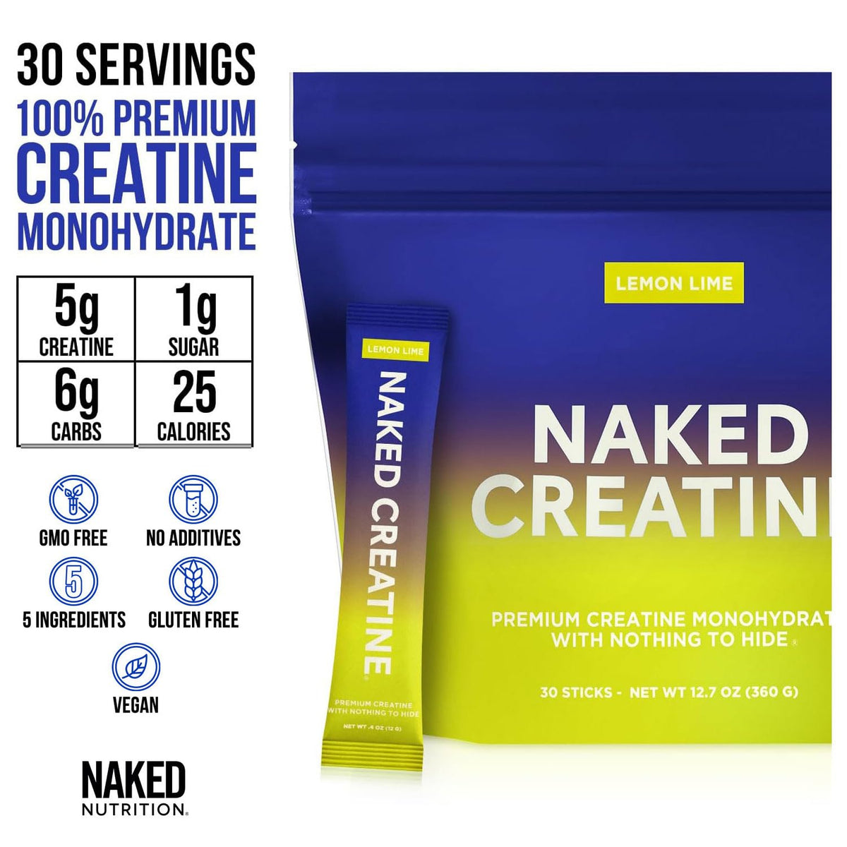 NAKED Creatina Monohidratada Pura Limón-Lima en Sobres Individuales | Paquete de 30 | Vegano