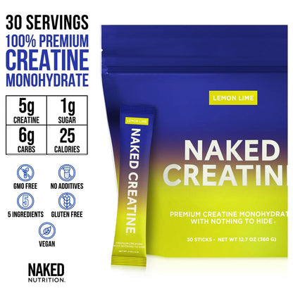 NAKED Creatina Monohidratada Pura Limón-Lima en Sobres Individuales | Paquete de 30 | Vegano