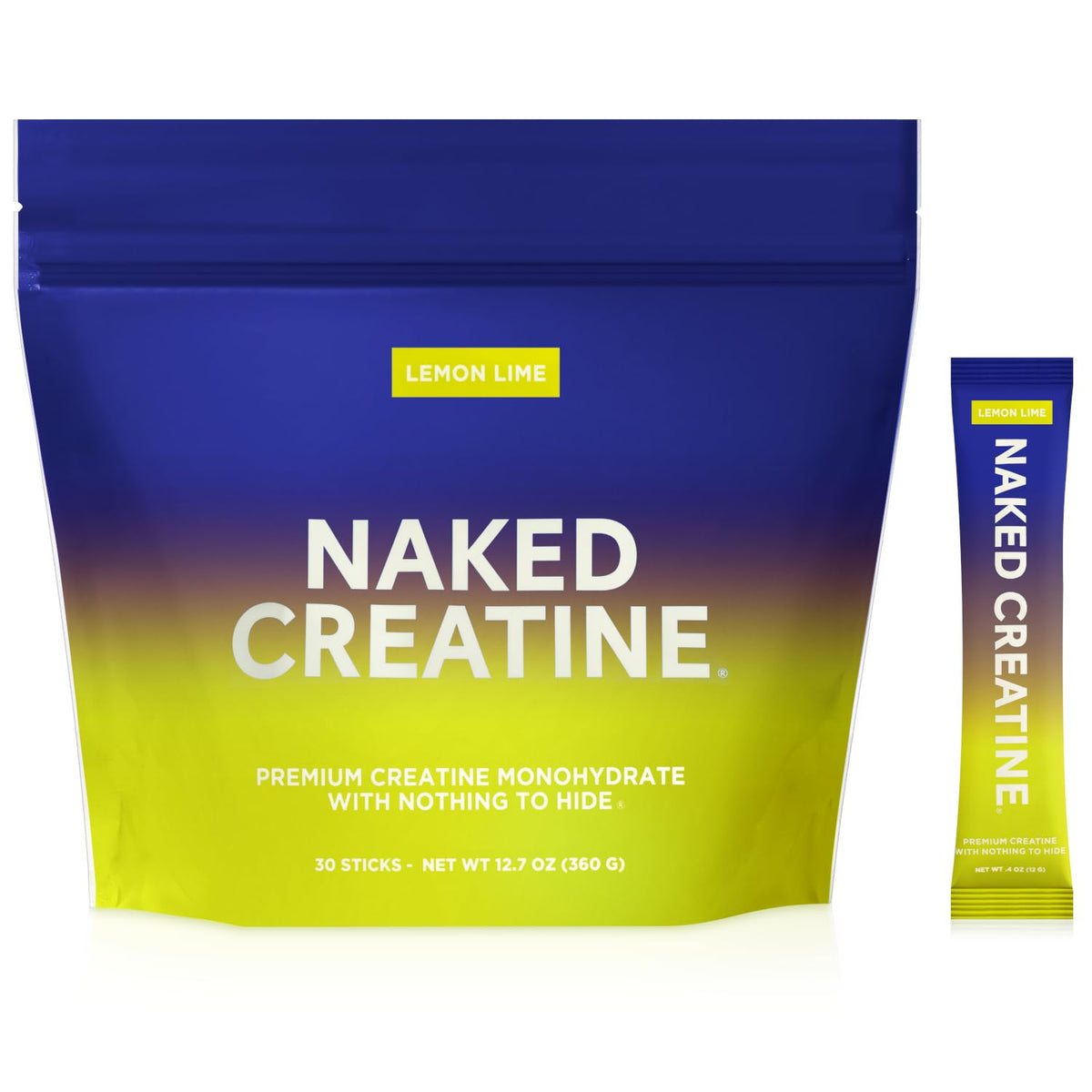 Naked Creatine packaging with gradient blue to yellow design on a white background