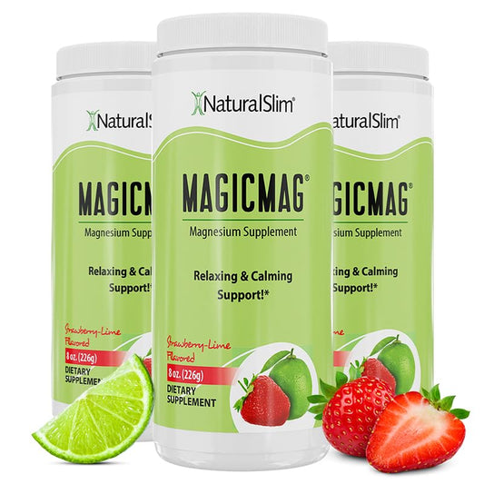 NaturalSlim MagicMag Citrato de Magnesio en Polvo – Sabor Fresa Limón, 8oz Bebida en Polvo (Paquete de 3)