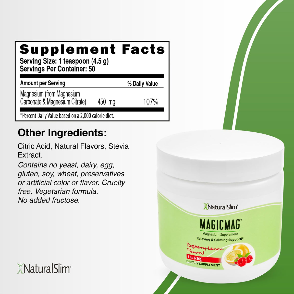 NaturalSlim MagicMag Citrato de Magnesio Puro en Polvo – Mezcla para bebida sabor frambuesa y limón, 8 oz (paquete de 2)