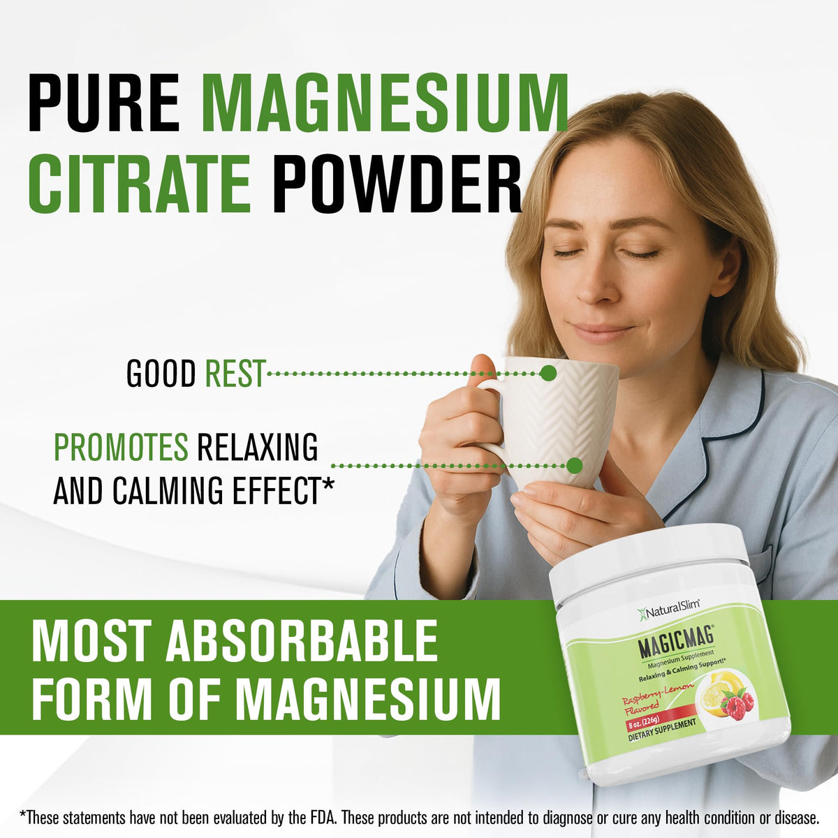 NaturalSlim MagicMag Citrato de Magnesio Puro en Polvo – Mezcla para bebida sabor frambuesa y limón, 8 oz (paquete de 2)