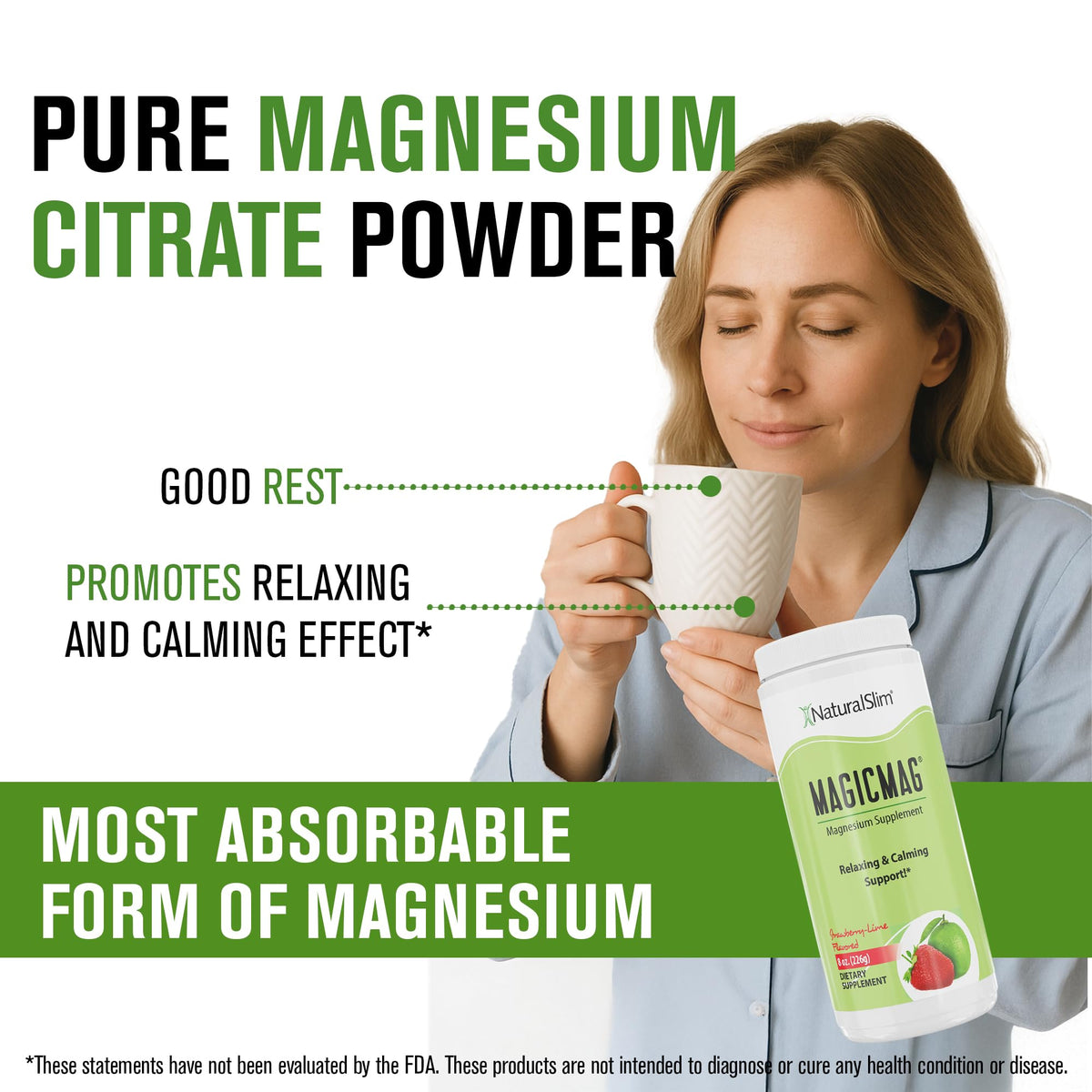 NaturalSlim MagicMag Pure Magnesium Citrate Powder – Strawberry Lime Drink Mix (8oz, 2 Pack) - Calm Era