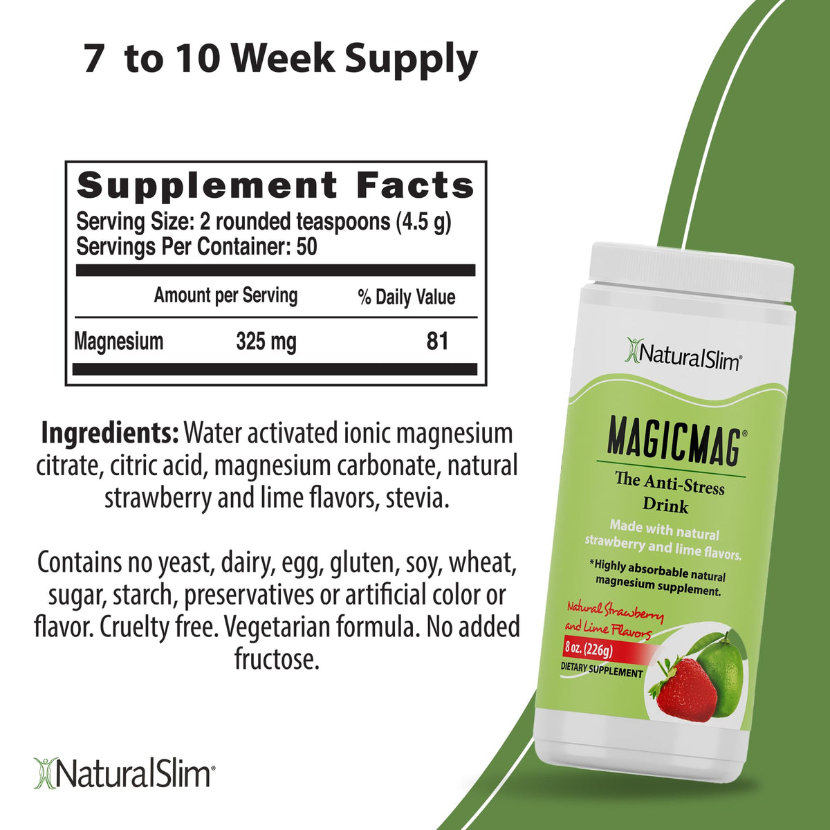 NaturalSlim MagicMag Pure Magnesium Citrate Powder – Strawberry Lime Drink Mix (8oz, 2 Pack) - Calm Era