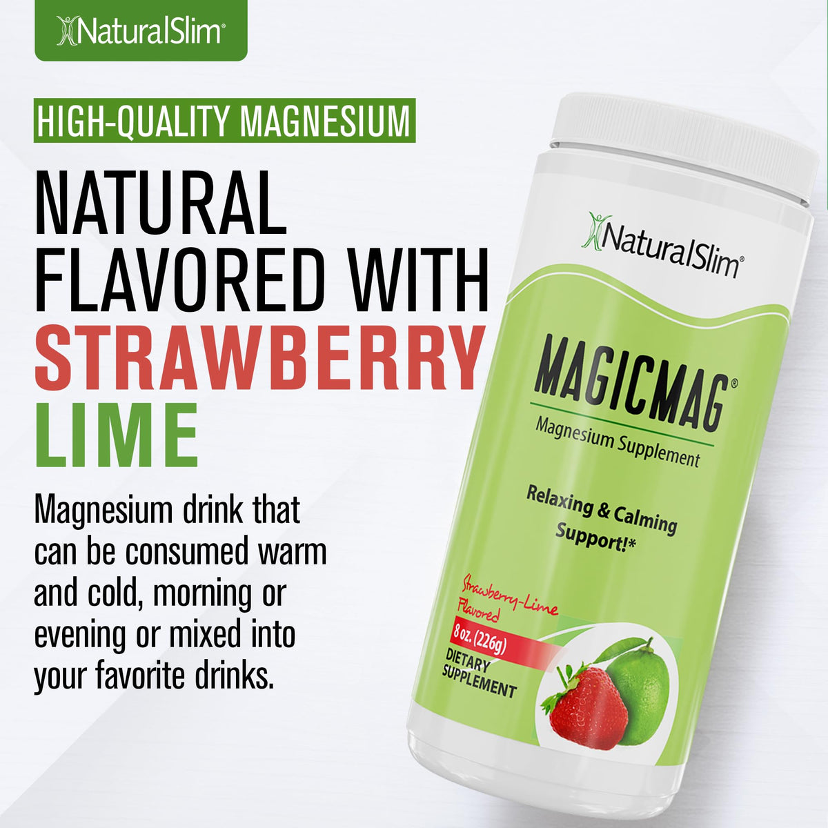 NaturalSlim MagicMag Pure Magnesium Citrate Powder – Strawberry Lime Drink Mix (8oz, 2 Pack) - Calm Era