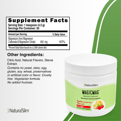 NaturalSlim MagicMag Citrato de Magnesio Puro en Polvo – Mezcla para bebida sabor frambuesa y limón, 8 oz (paquete de 2)