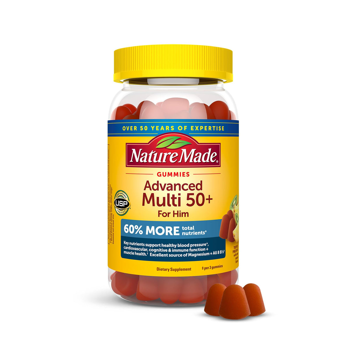 Nature Made Advanced Multi 50+ for Him gummies bottle on a white background