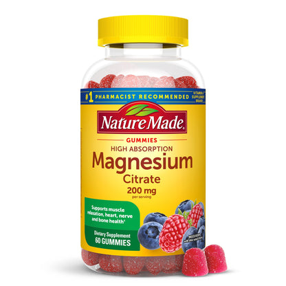 Nature Made Magnesium Citrate gummy supplement bottle with yellow cap on a white background